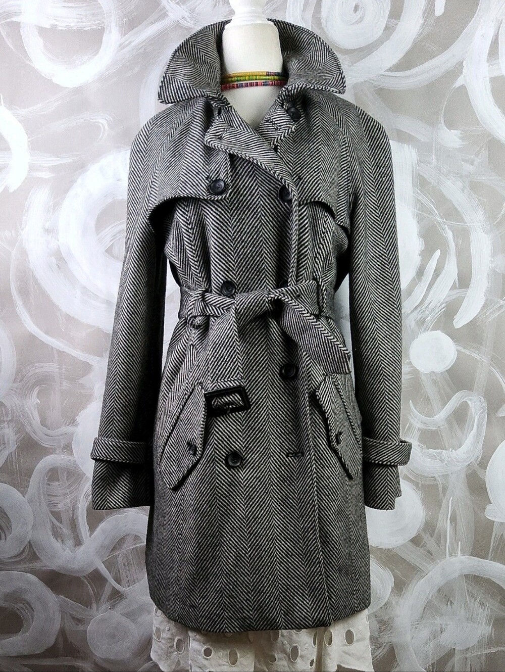 WEARMASTER wmns S Gray Black Herringbone Wool Blend Belted Trench Coat CityCore